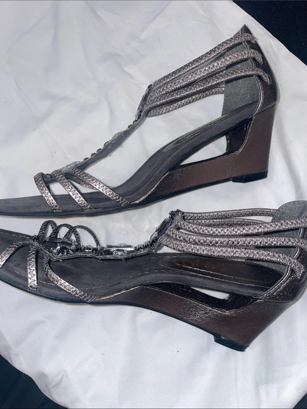 New York Transit Silver Metallic T-Strap Wedge Sandals with Rhinestone Accents